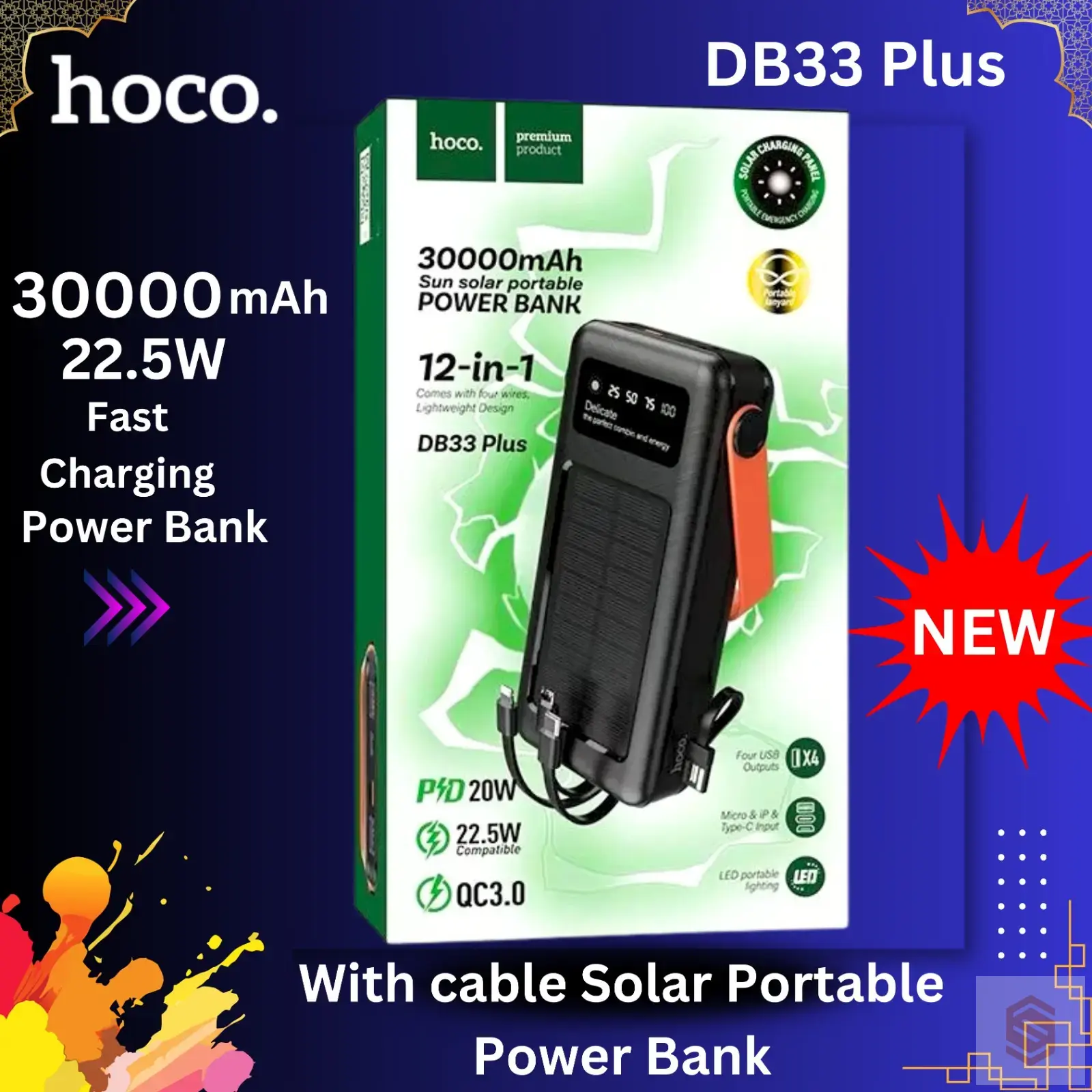 HOCO 30000mAh 22.5W Fast Charging With Cable Solar Portable Power Bank - DB33 Plus